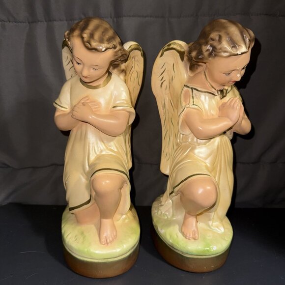 Christmas Angels Kneeing Set Nativity Figurines 1950 Solid Plaster Painted CHIPS - Picture 8 of 16